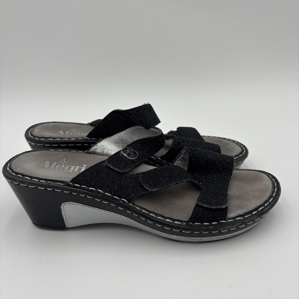 Alegria Loti Glitteroti Wedge Sandals Size 8/8.5 EU 38 Black Glitter Slip On